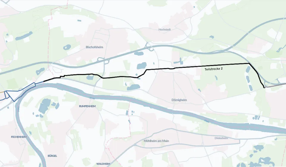 Karte mit Routenführung von der Stadtgrenze Frankfurt/Maintal bis Stadtgrenze Maintal/Hanau