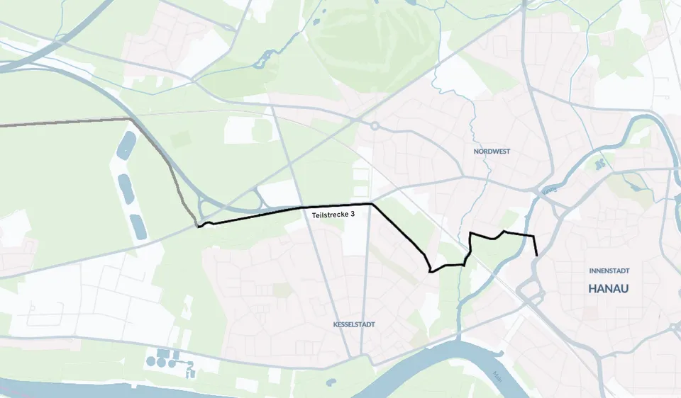 Karte mit Routenführung von der Stadtgrenze Maintal/Hanau bis Hanau Zentrum.