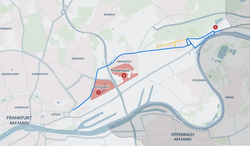 Karte mit Routenführung von Frankfurt am Main Ostbahnhof bis zur Stadtgrenze Frankfurt/Maintal.